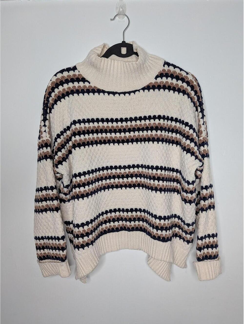 Here Love Sweater Pullover Womens One Size White Striped Mock Neck Cozy Knit